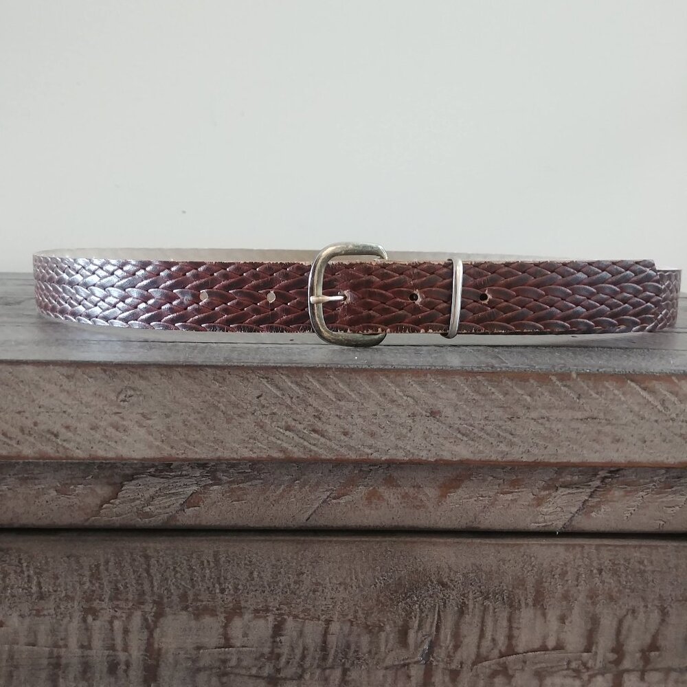 Vintage braided woven look brown leather belt silver buckle